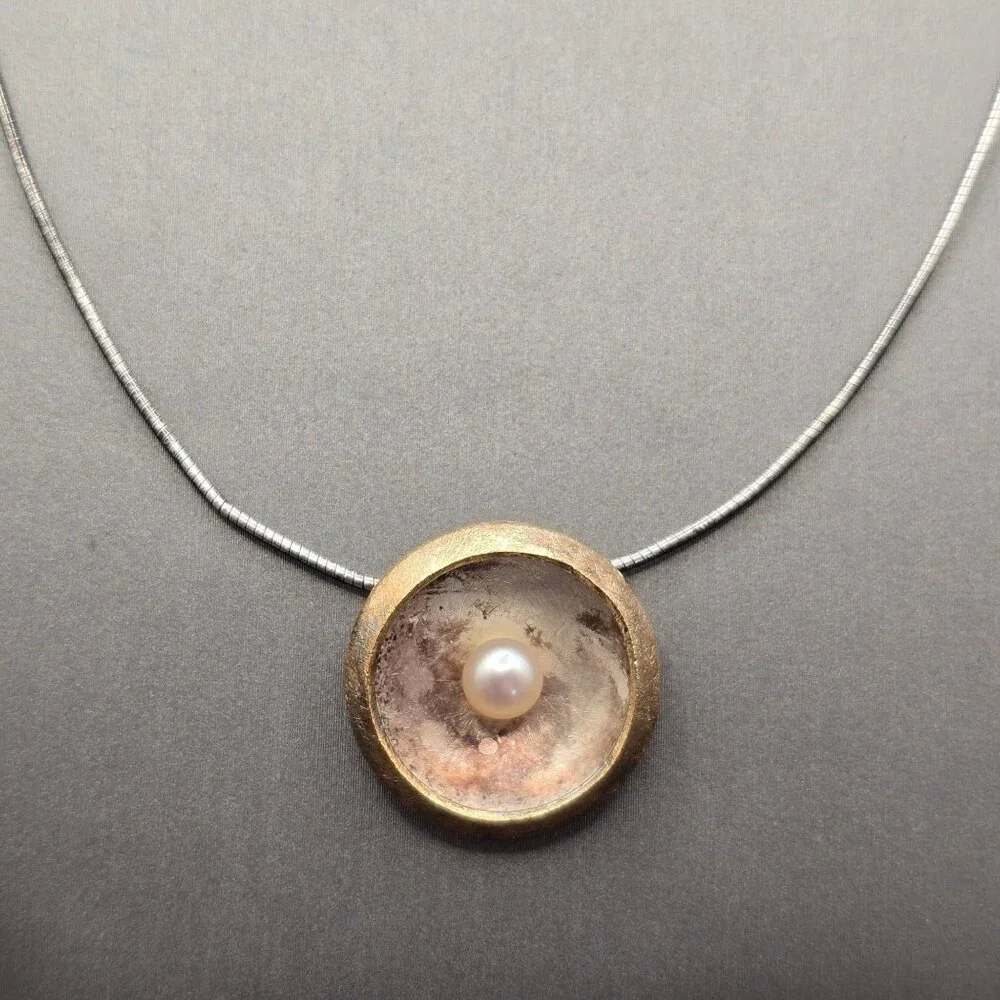VTG Sterling Silver Pearl Pendant Necklace 925 Germany 2 Tone RL Regis Lecuyer - Picture 1 of 13